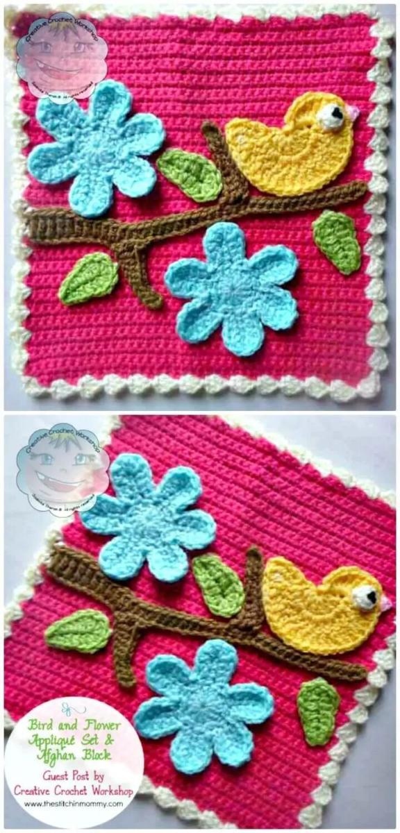 Crochet-Bird-And-Flower-Applique-Set-Afghan-Block